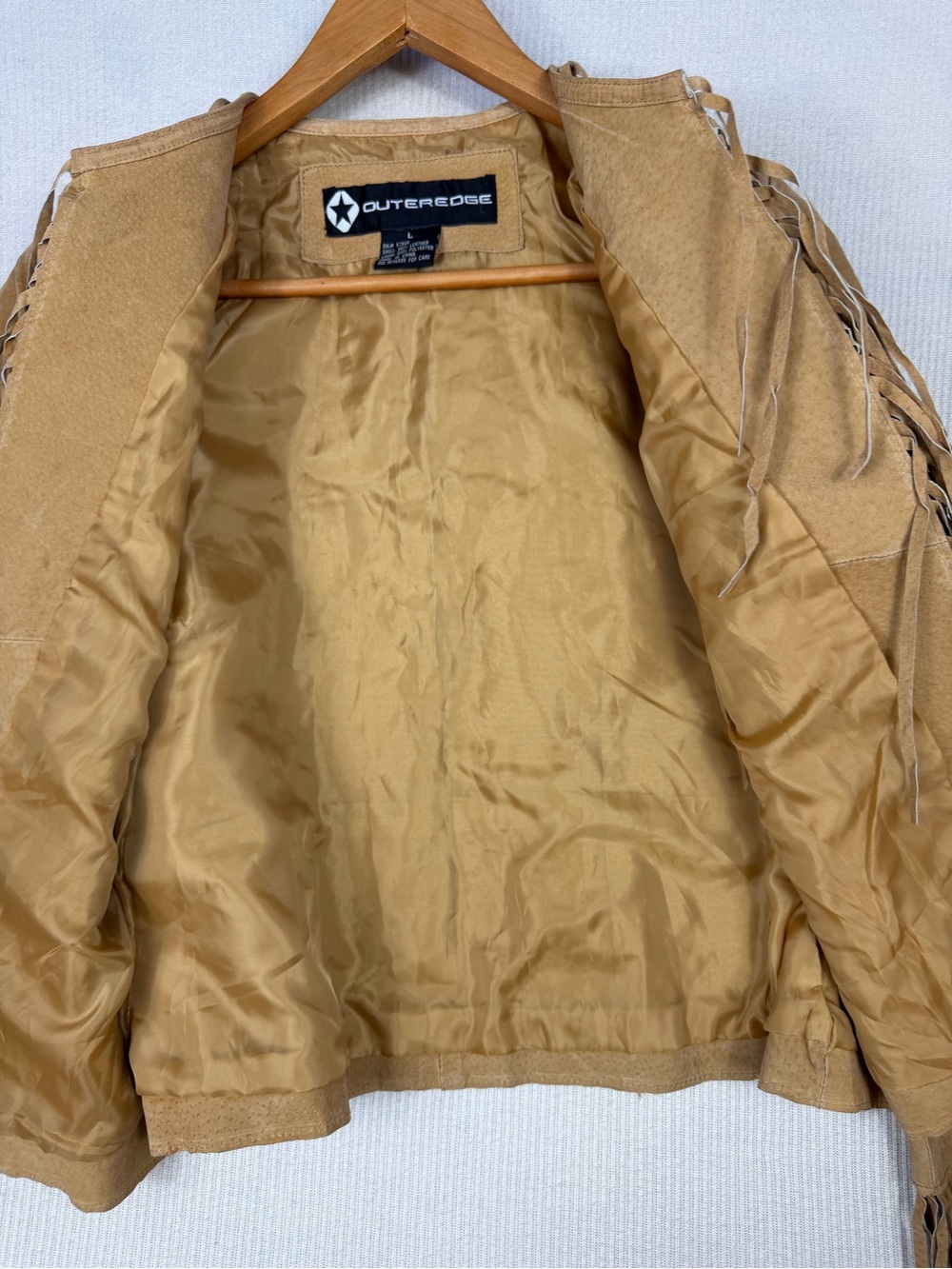 Vintage Outer Edge Genuine Leather Fringe Jacket Women L Tan Western Boho Suede - Picture 6 of 12